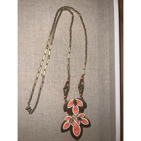 STELLA & DOT Hibiscus Orange Enamel Rhinestone Crystal Long Statement Necklace - Picture 2 of 8